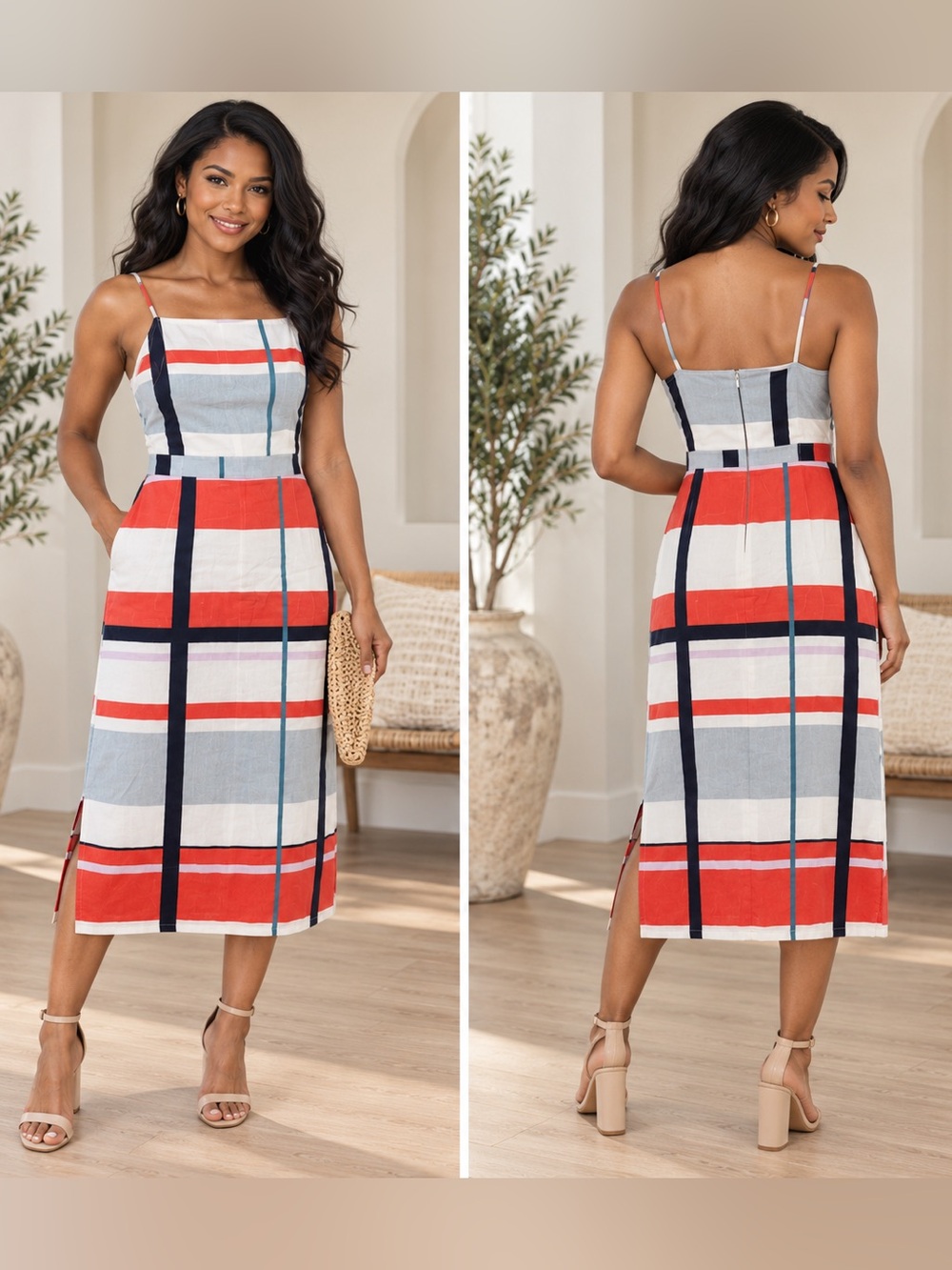 Ann Taylor Linen Blend Plaid Striped Midi Sundress Spaghetti Strap size 0